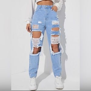 High Waist Cut Out Ripped Frayed Straight Leg Jeans